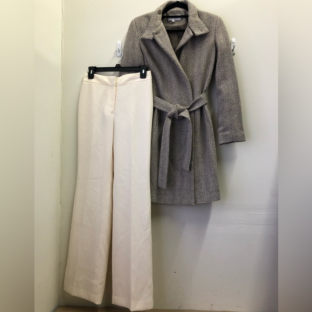 Calvin Klein Brown Herringbone Belted Mid Length Coat Ivory Pant 2 Pc Set